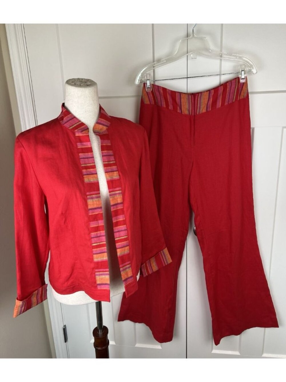 Vintage Willi Smith 100% Linen Jacket Pants Suit Set M 8 Stripe Trim Boho Artsy